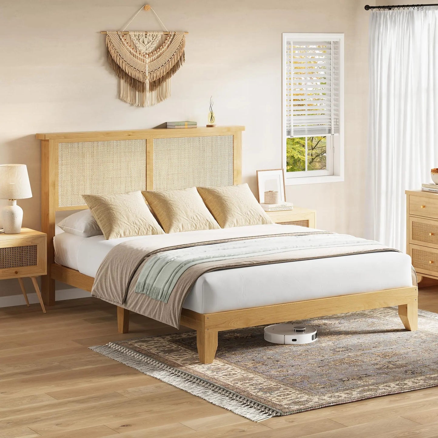 Rattan Bed Frame With Storage Headboard And LED Lighting