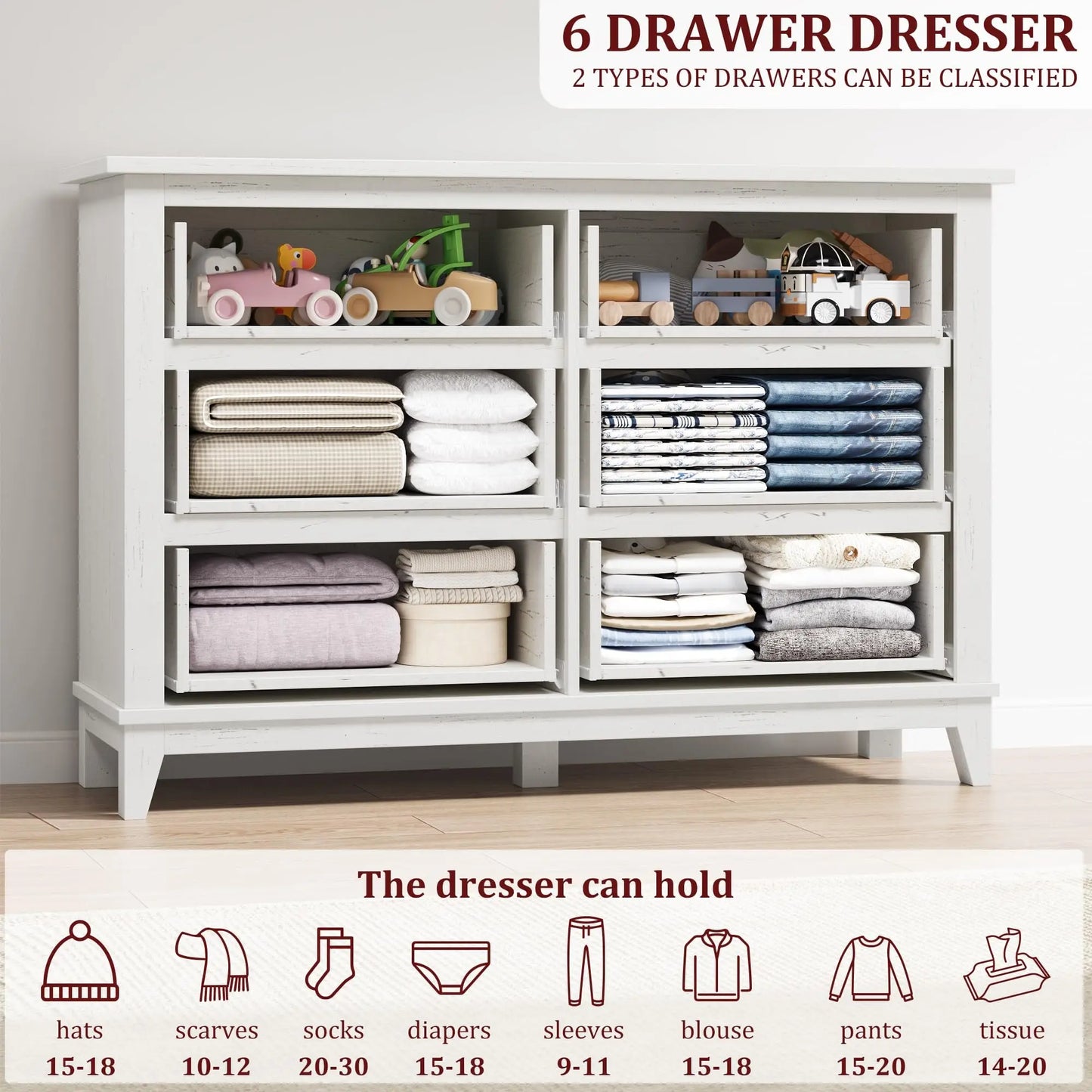 Six Drawer Freestanding Bedroom Dresser Wooden Storage Chest