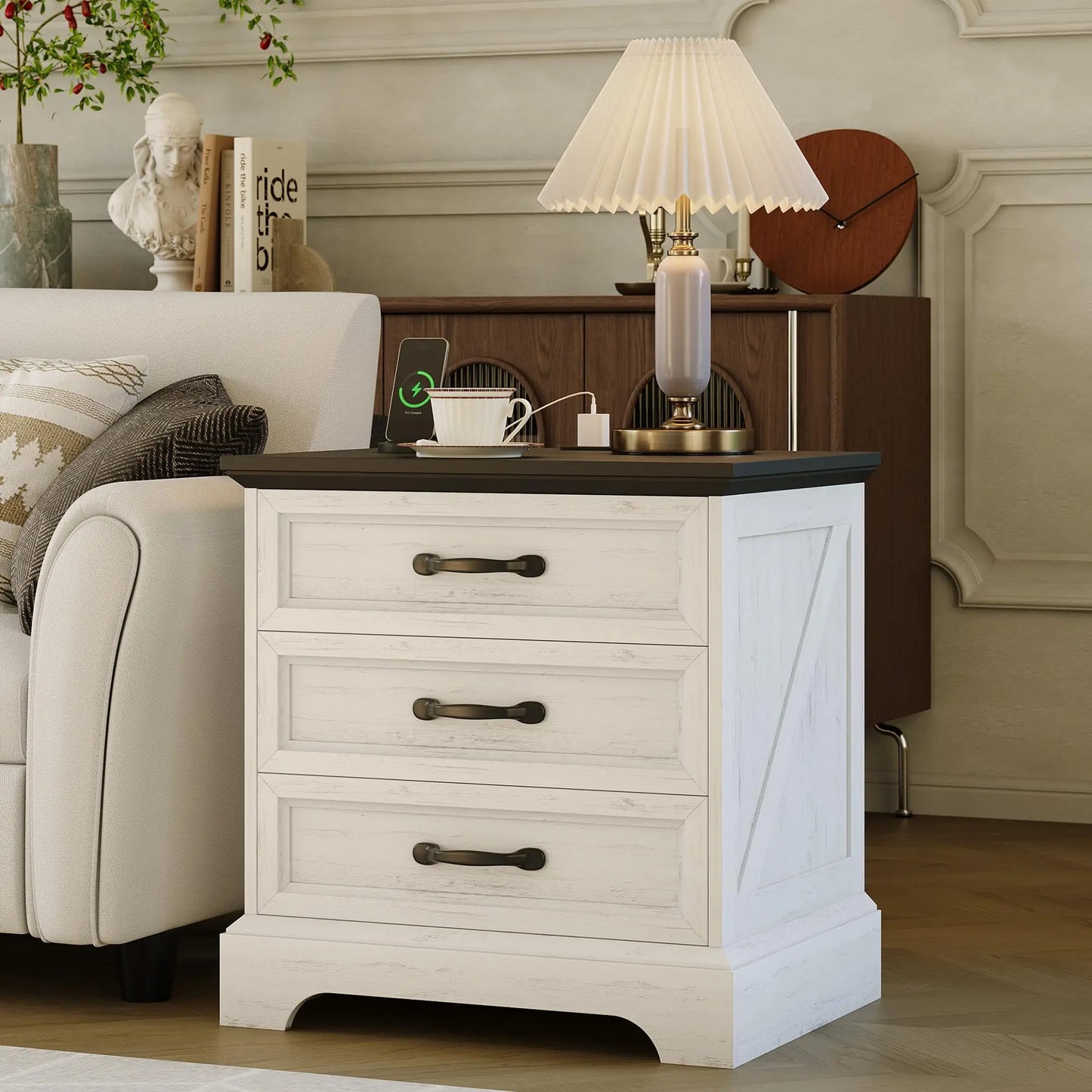 Modern Farmhouse Wood Nightstand With Charging Station And Drawer Storage