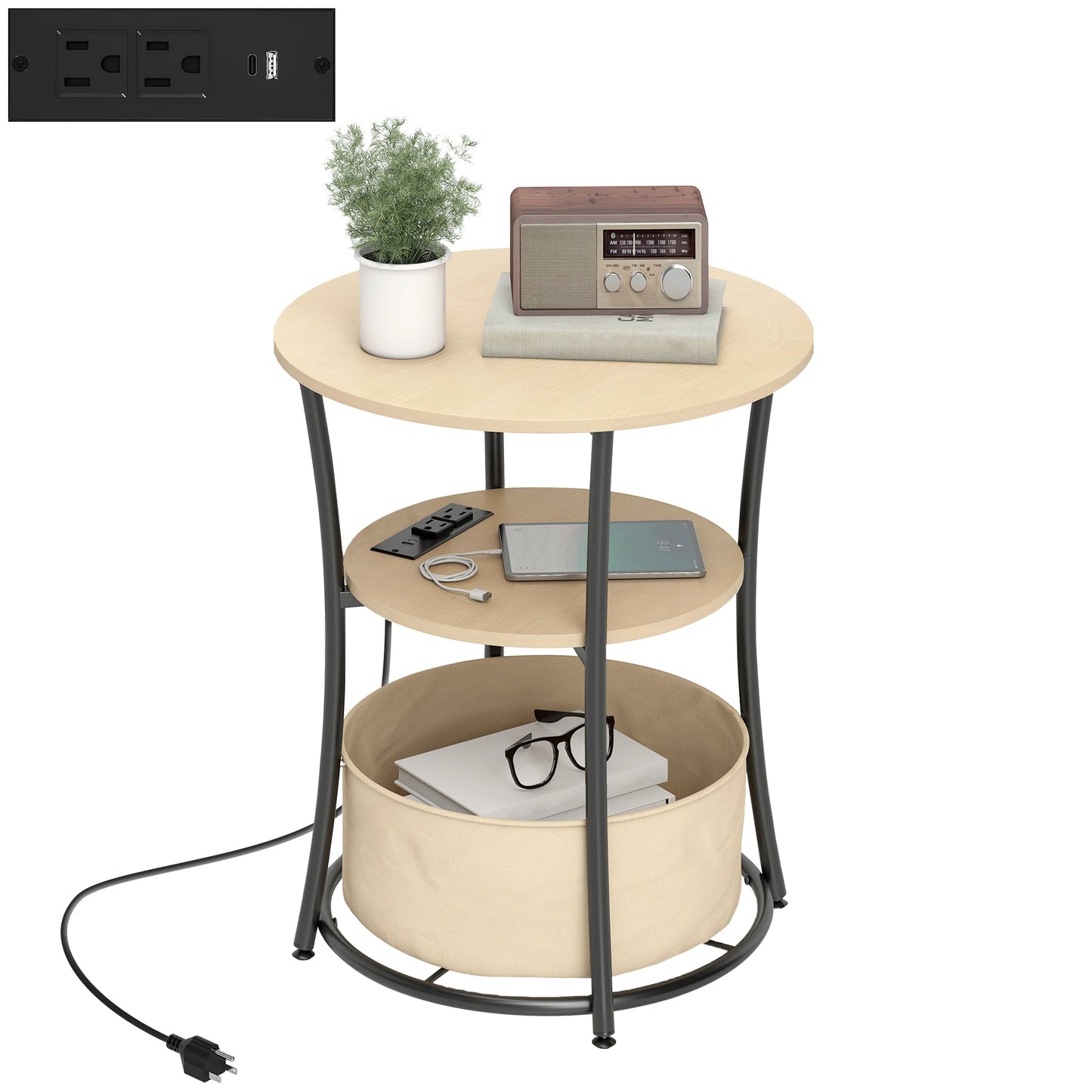HOMCOM Round Side Table With USB Charging Station And Shelf