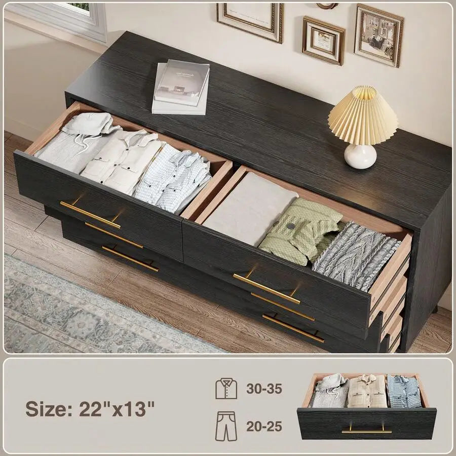 Wood 6 Drawer Dresser With Metal Frame Storage Cabinet