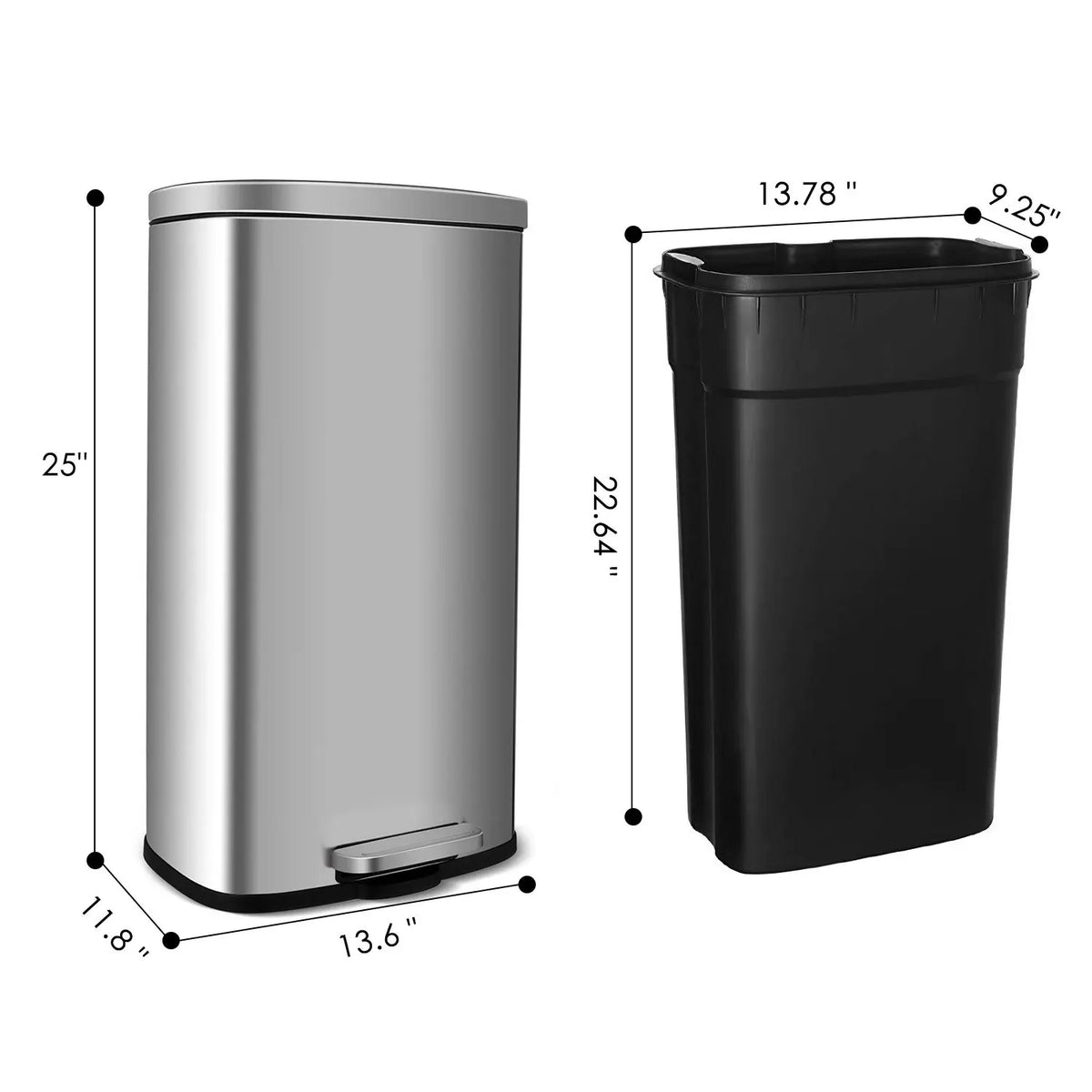Homfa 30L Stainless Steel Step Trash Can Kitchen Garbage Can W/ Soft Close, Black,White, Silver, Gray, Red
