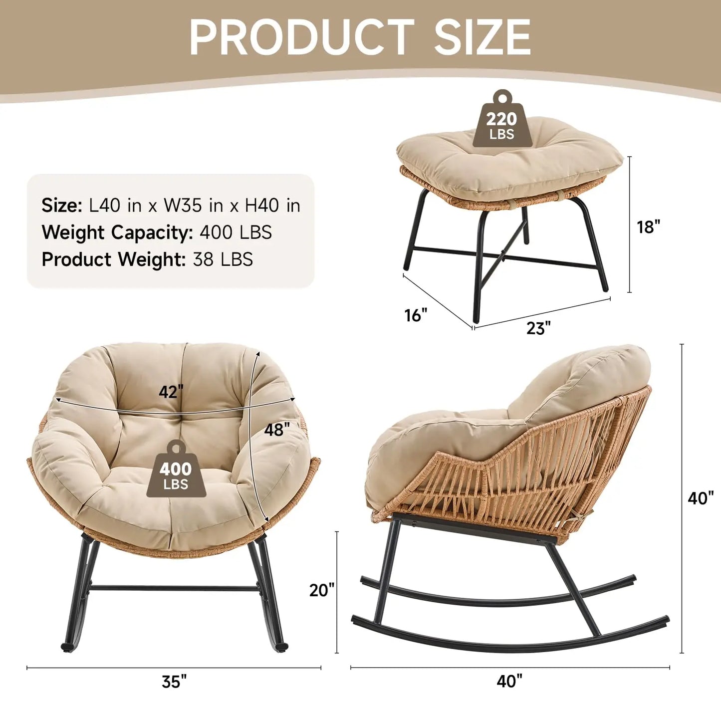 Onbrill Outdoor Wicker Papasan Rocking Chair With Ottoman
