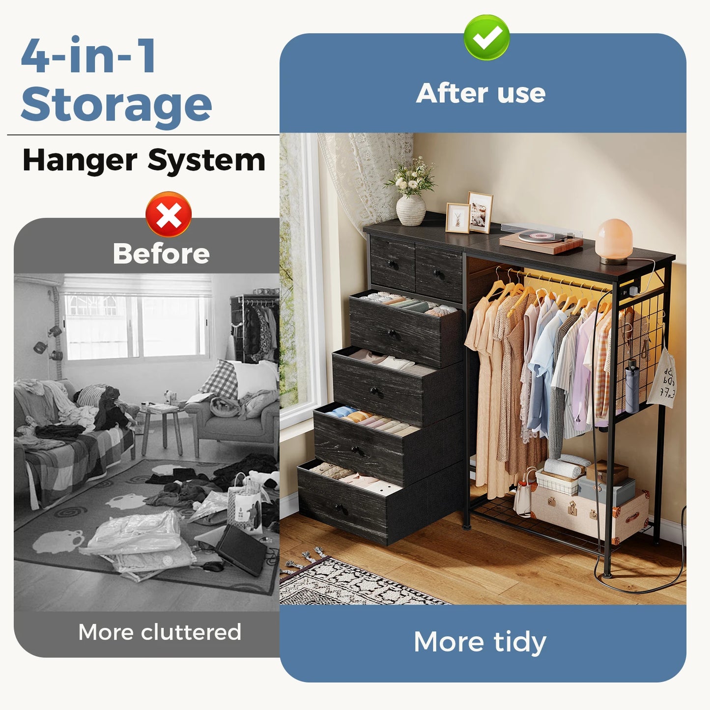 JHK Modern Fabric Dresser With Hanging Rack And LED Lights