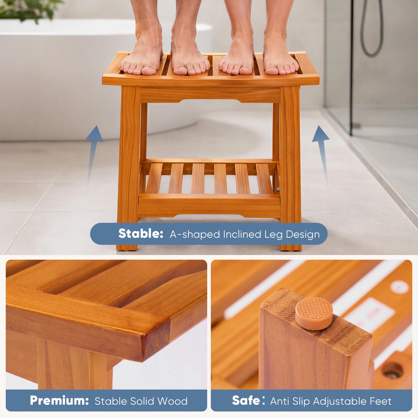 JHK Wooden Bathroom Shower Bench With Storage Shelf And Handles