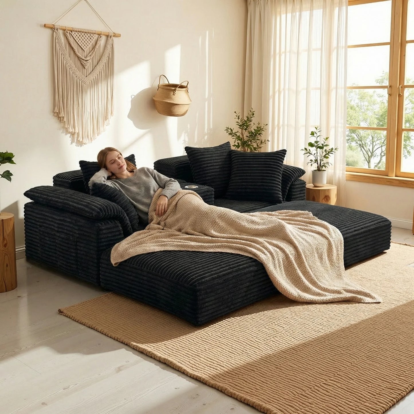 Modern Corduroy Modular Sofa With Reversible Cushions And Cup Holder