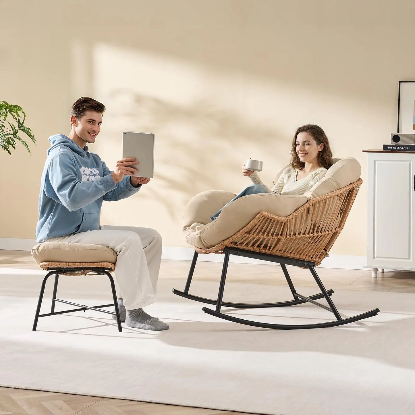 Onbrill Outdoor Wicker Papasan Rocking Chair With Ottoman