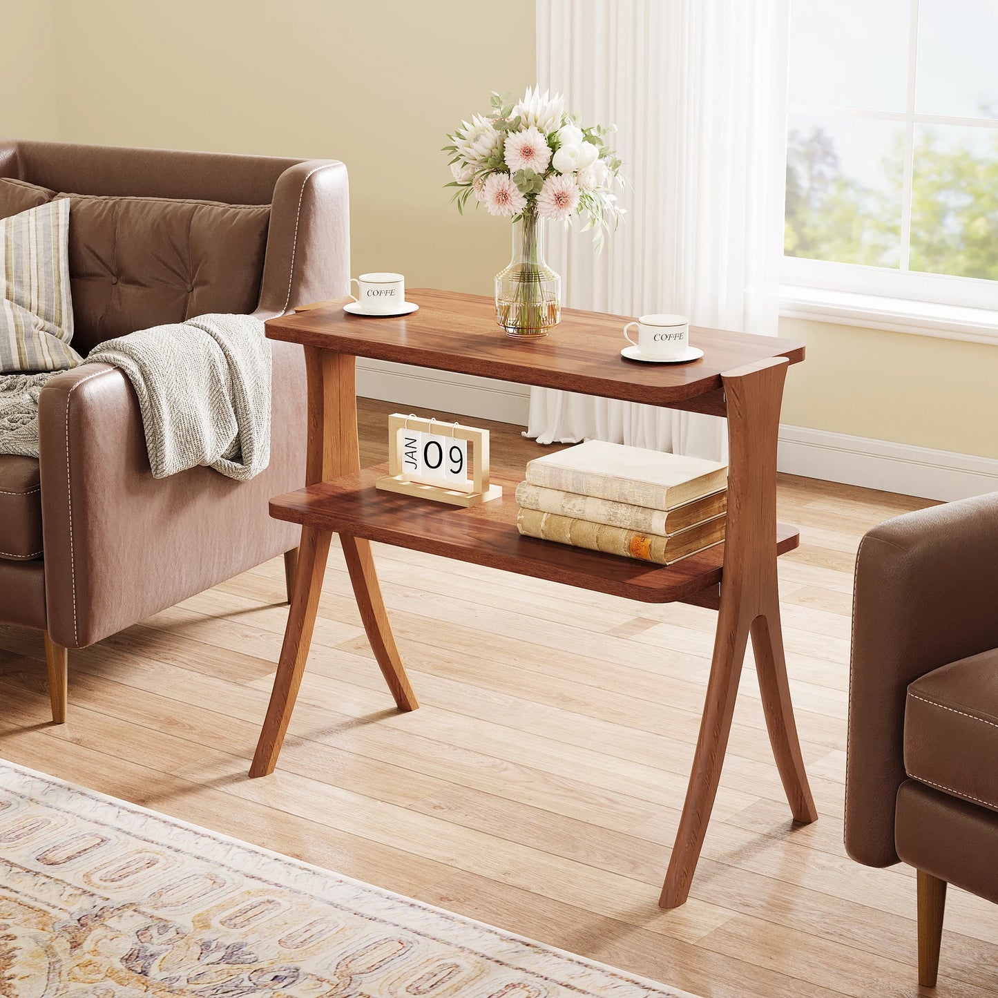 Tribesigns Walnut Wood Side Table With Two Tier Storage Shelf