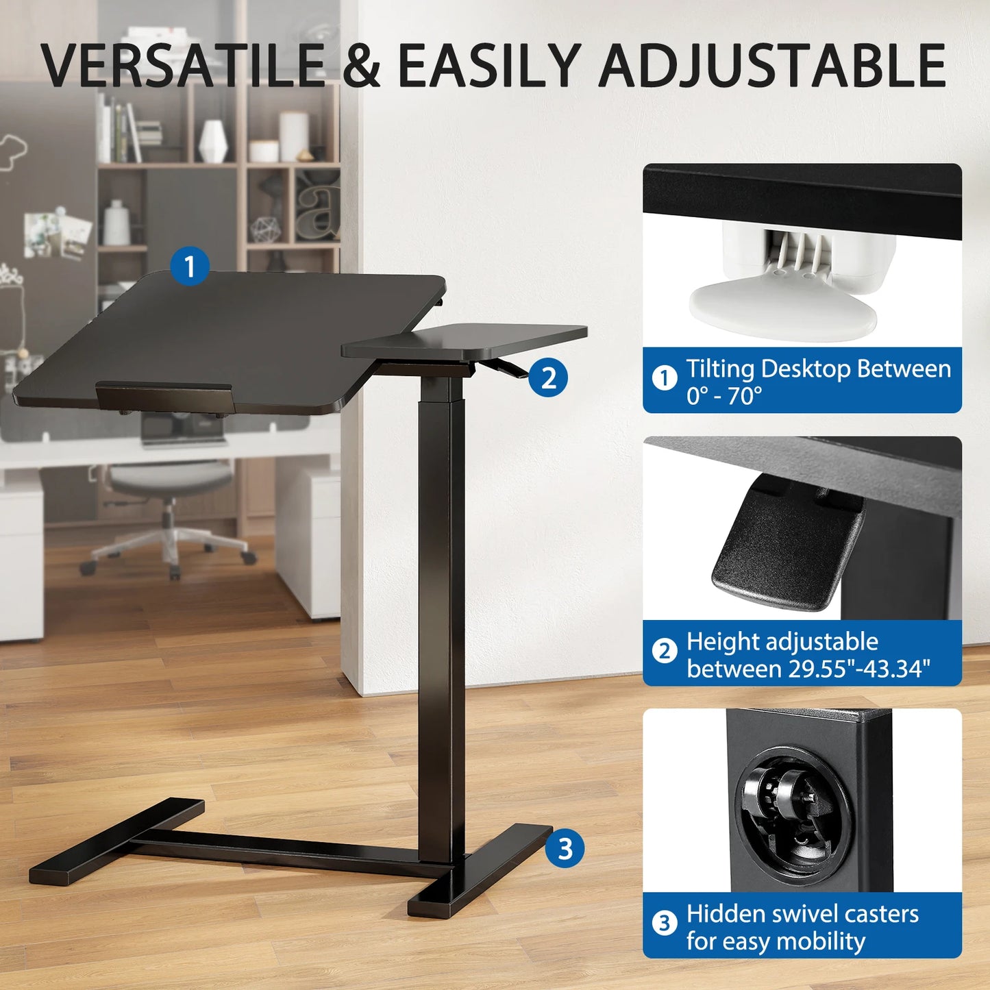 JHK Adjustable Height Overbed Desk With Tilt Top And Wheels