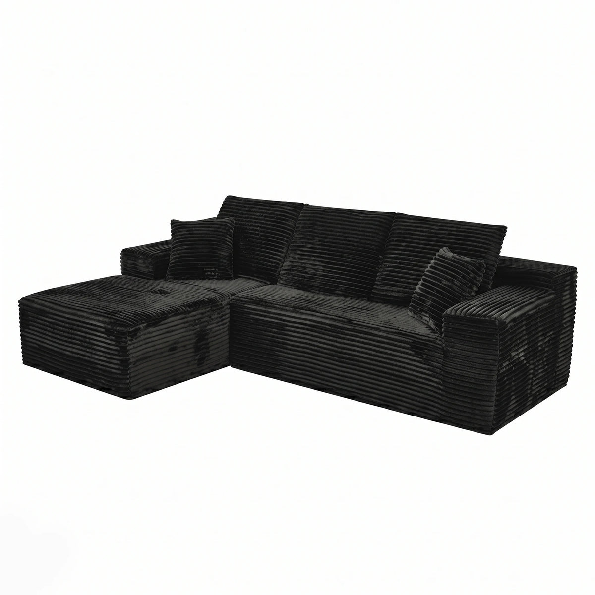 107 Inch L-Shaped Modular Sofa with Recliner and Chaise, Plush Corduroy Cloud Couch Sleeper, No Assembly Deep Seat Sectional for Living Room Apartment, Black