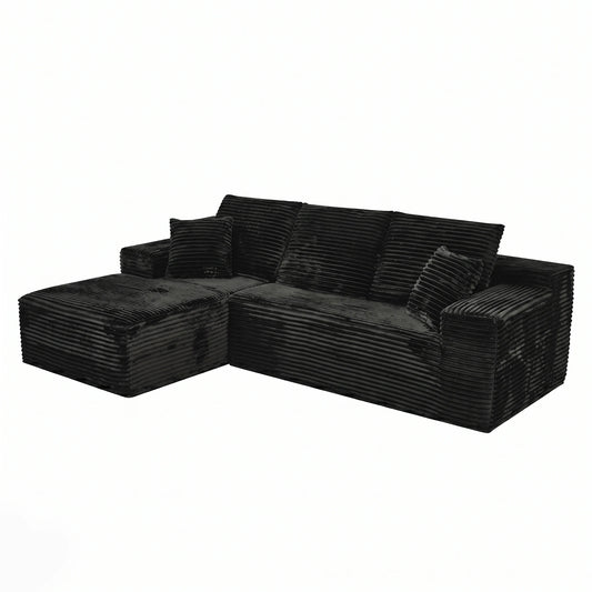 107 Inch L-Shaped Modular Sofa with Recliner and Chaise, Plush Corduroy Cloud Couch Sleeper, No Assembly Deep Seat Sectional for Living Room Apartment, Black