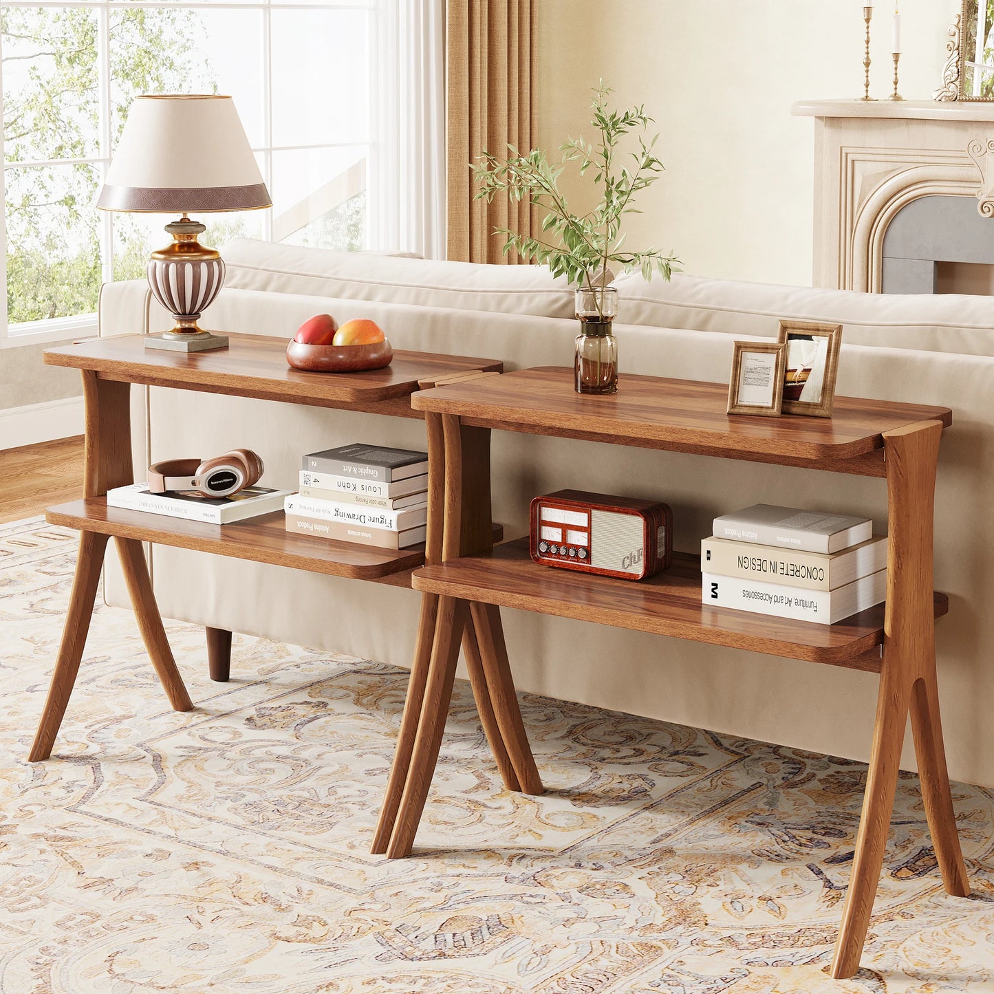 Tribesigns Walnut Wood Side Table With Two Tier Storage Shelf