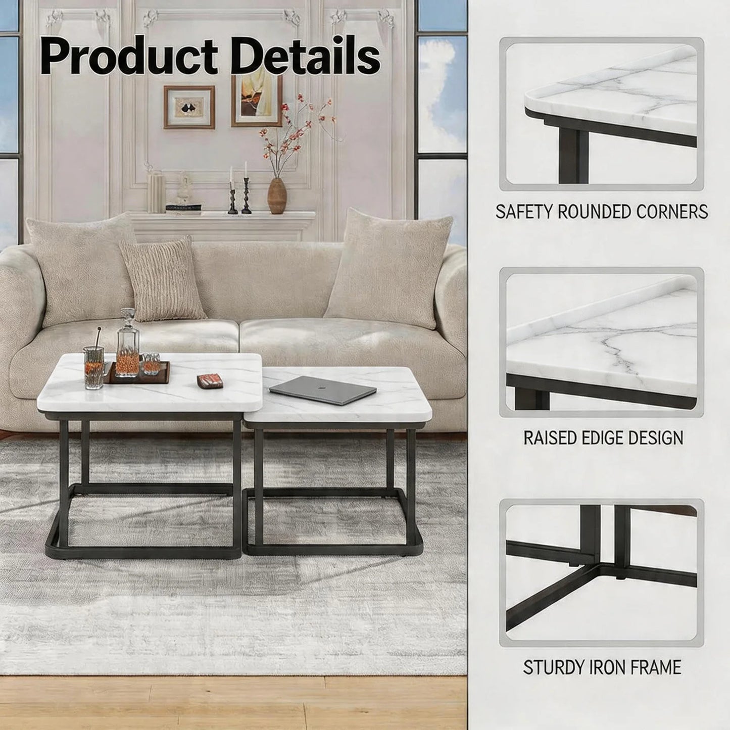 HiMISS Square Fluted Nesting Coffee Tables Set of Two