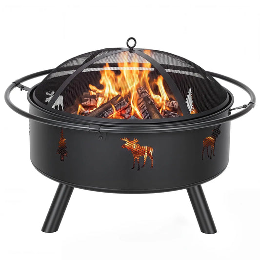 HiMISS Wood Burning Fire Pit With Mesh Screen And Poker