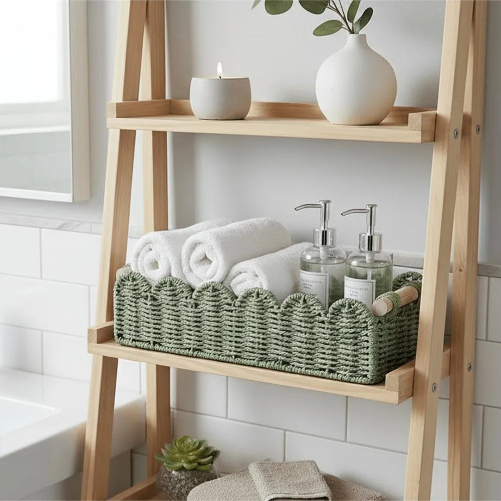 Decorative Scalloped Wicker Basket With Handle Bathroom Storage
