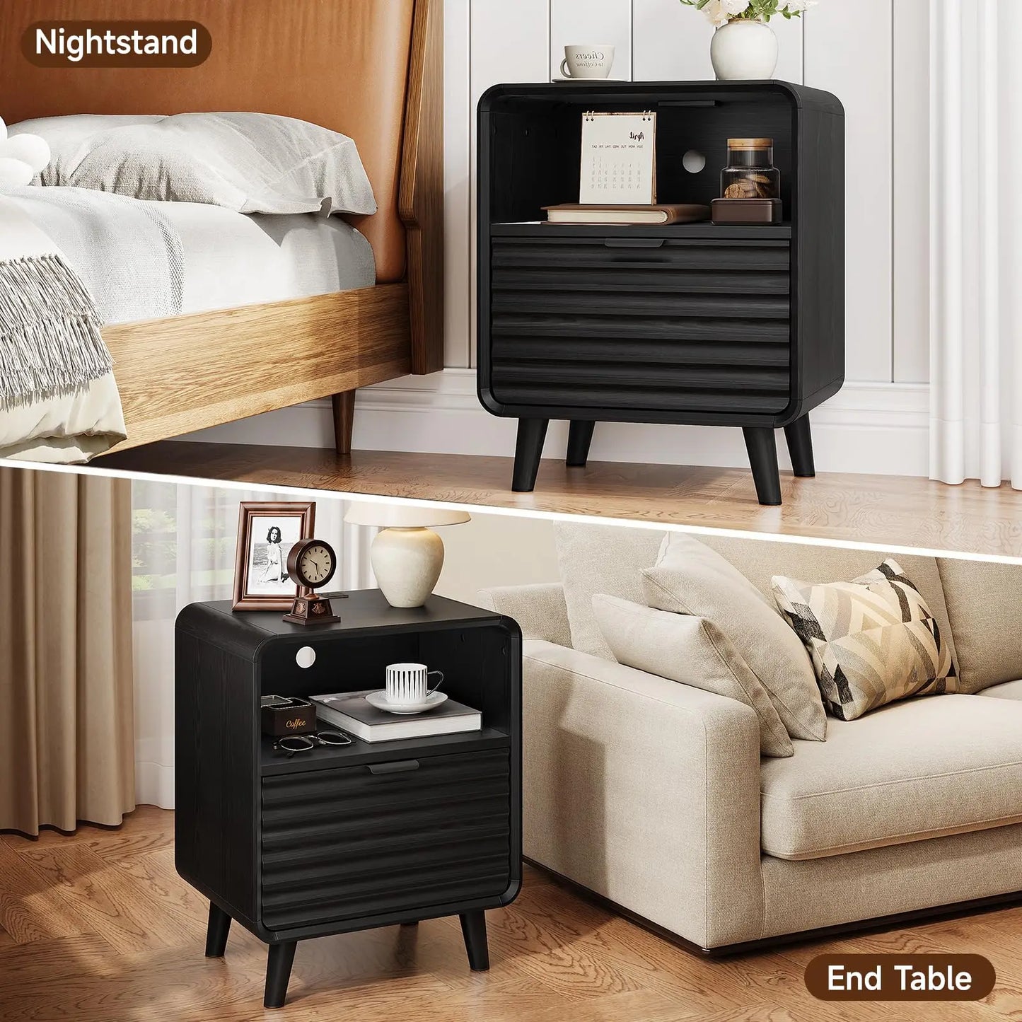 Onbrill Fluted Bedside Table With Drawer Modern End Table