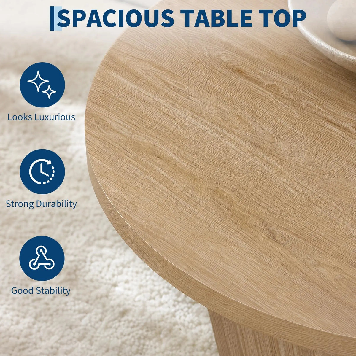 HiMISS Fluted Round Coffee Table Modern Wood Pedestal Living Room