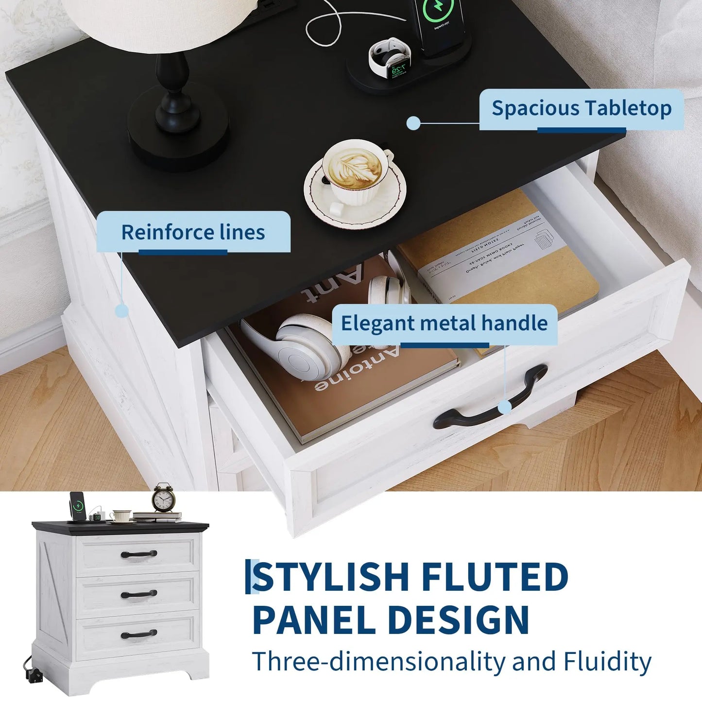 Modern Farmhouse Wood Nightstand With Charging Station And Drawer Storage