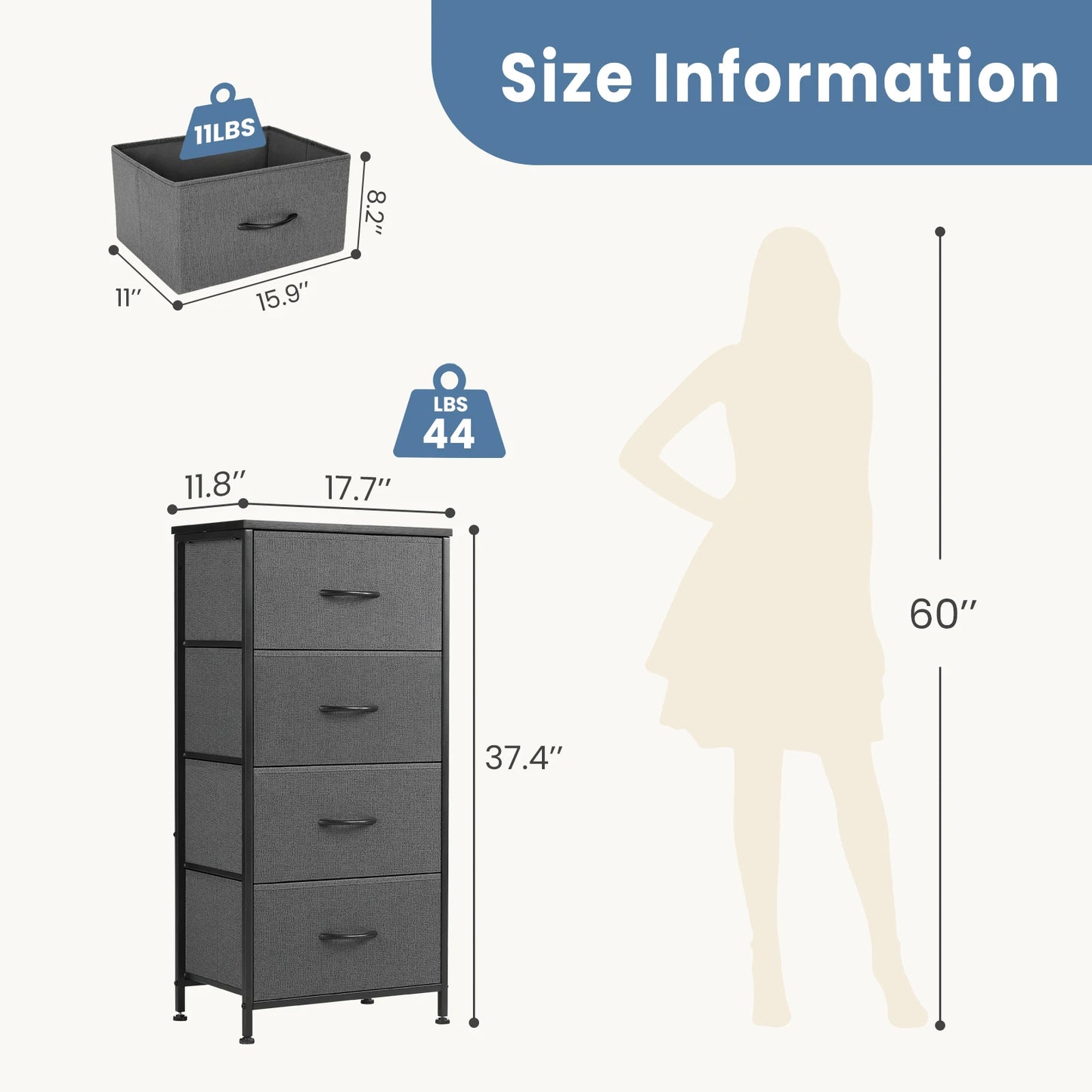 JHK 4 Fabric Drawer Dresser Steel Frame Nightstand Storage Cabinet