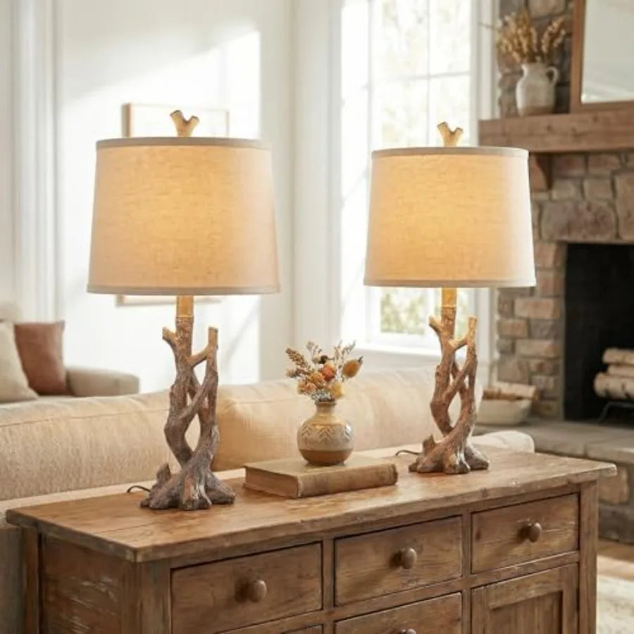 Rustic Solar Table Lamp With Tree Trunk Wood Grain Base