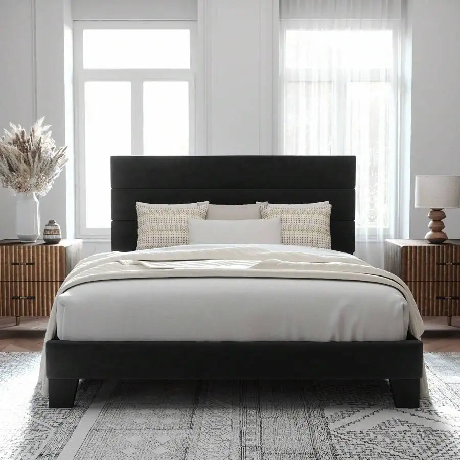 Fabric Upholstered Platform Bed Frame With Wooden Slats