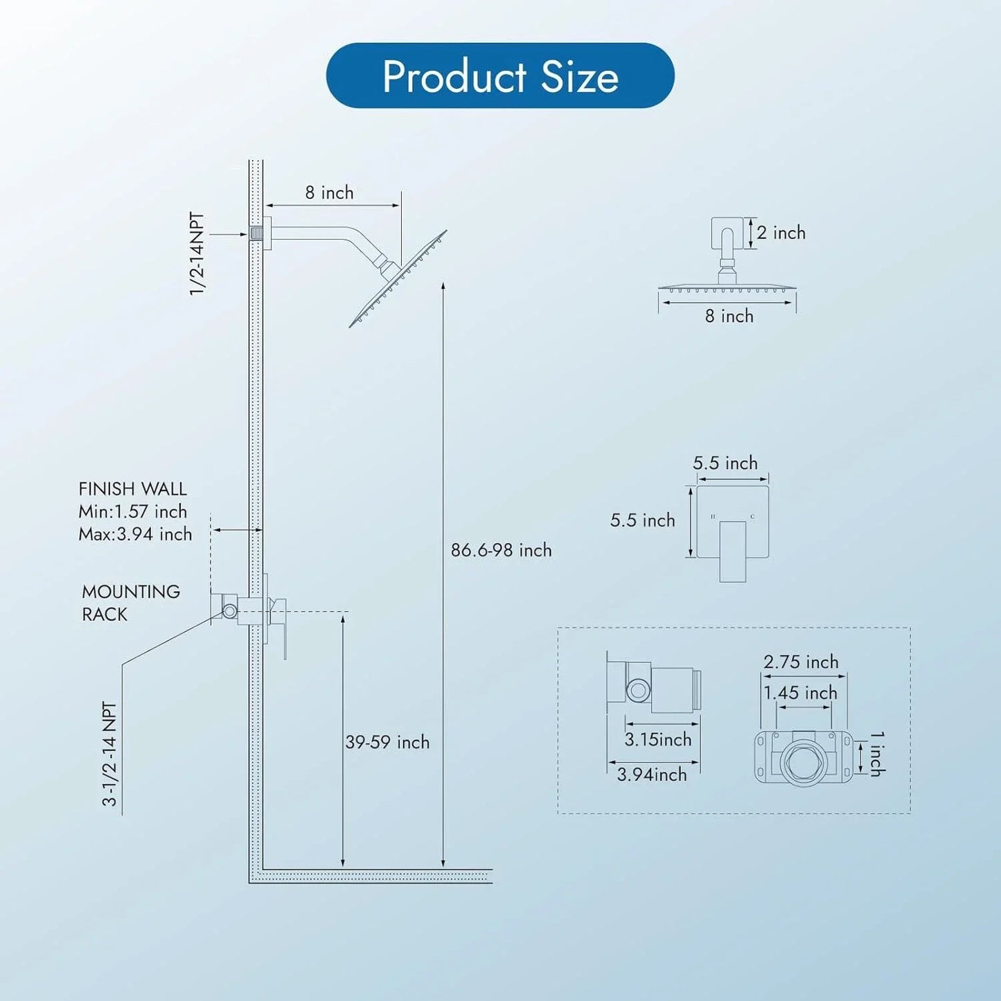 Square Stainless Steel Wall Mounted Shower System With Mixer Valve