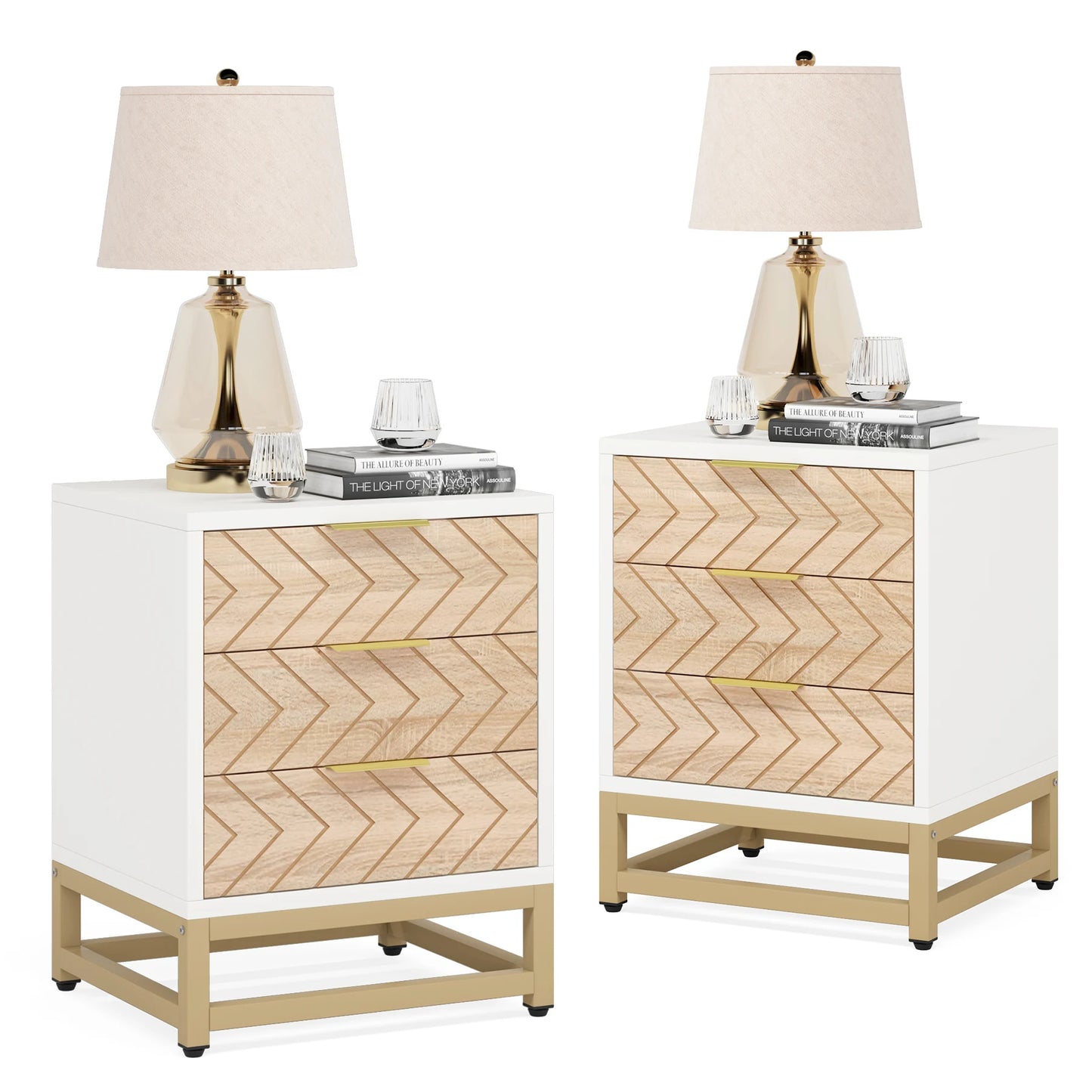 Tribesigns 3 Drawer Nightstand Set Modern Chevron Bedside Table