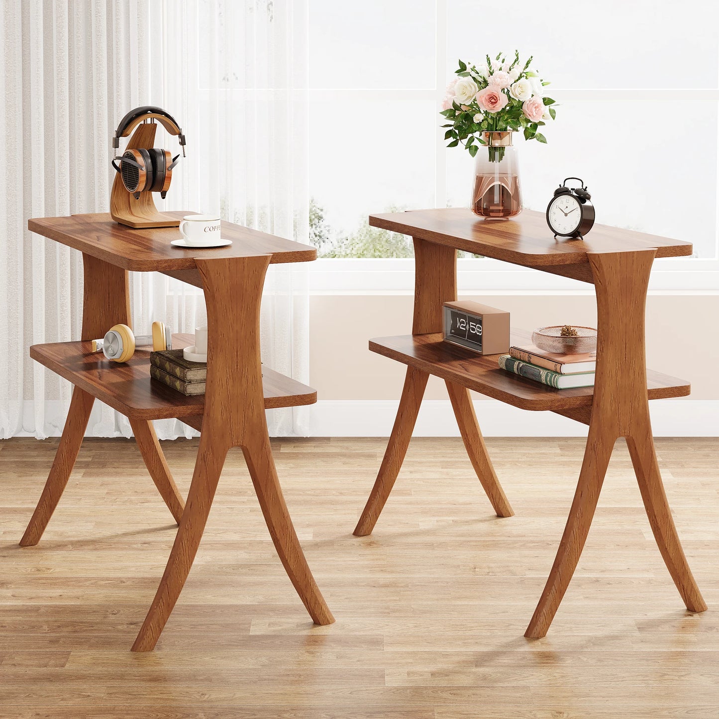 Tribesigns Walnut Wood Side Table With Two Tier Storage Shelf