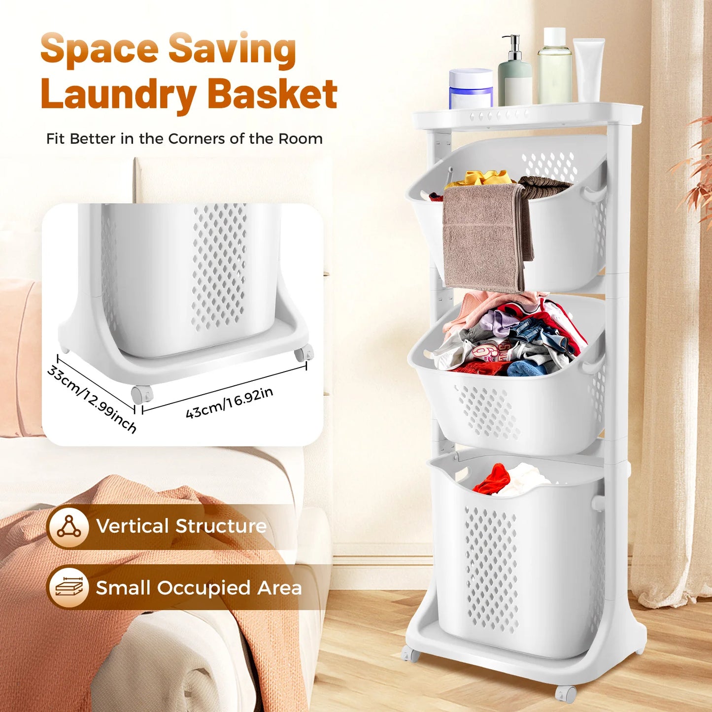 Bymaocar 3 Tier Rolling Laundry Hamper With Detachable Compartments