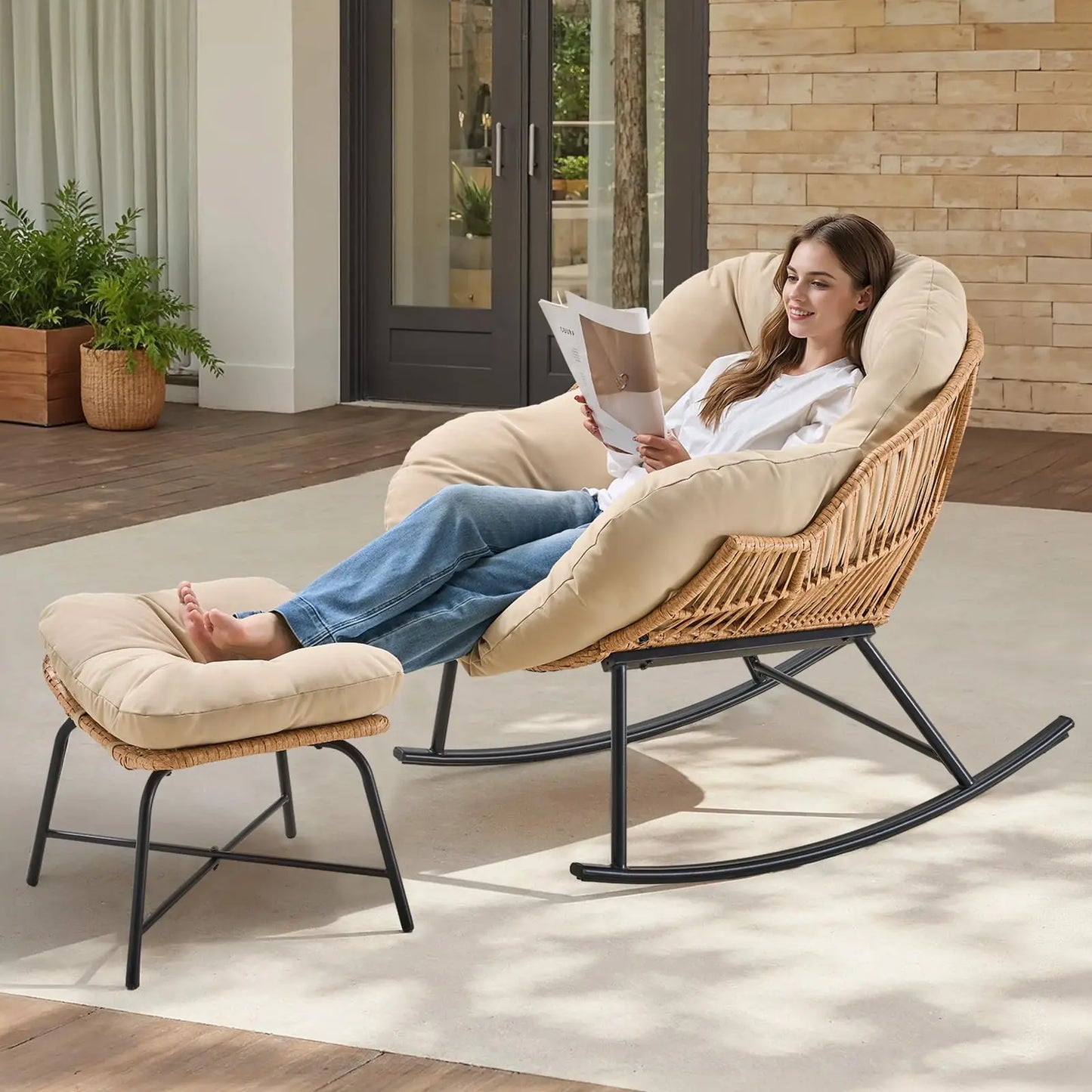 Onbrill Outdoor Wicker Papasan Rocking Chair With Ottoman