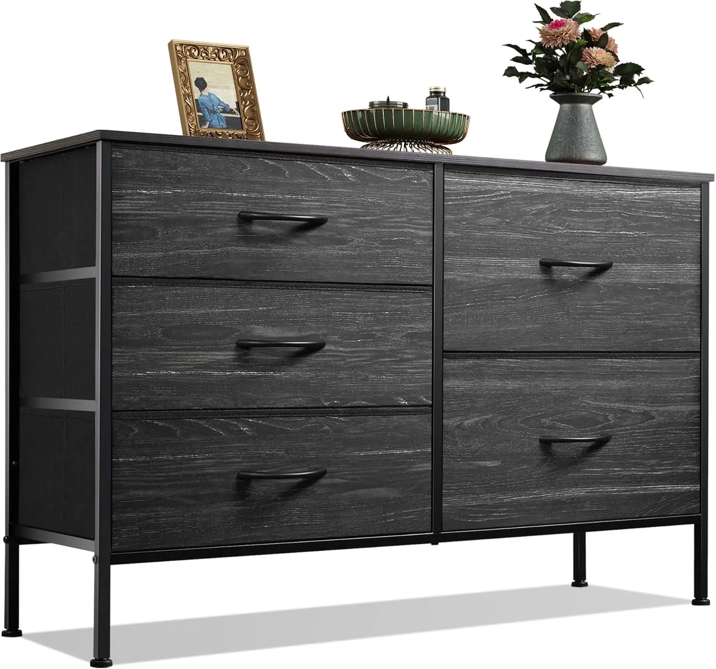 JHK Modern Fabric Storage Dresser With Five Metal Drawers
