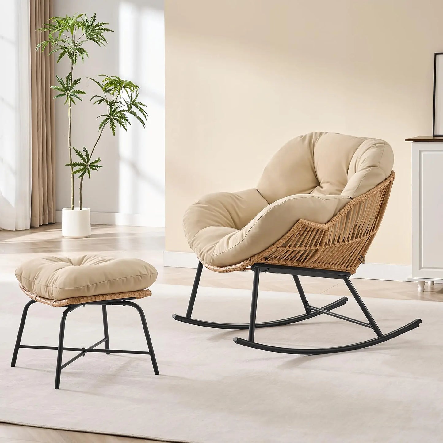 Onbrill Outdoor Wicker Papasan Rocking Chair With Ottoman