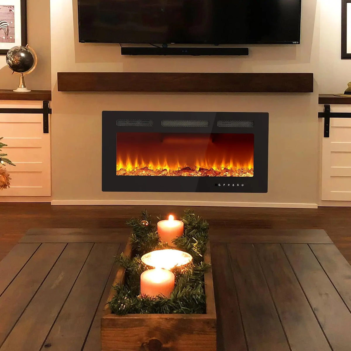 Electric Fireplace With LED Display Log And Crystal Decor Heater